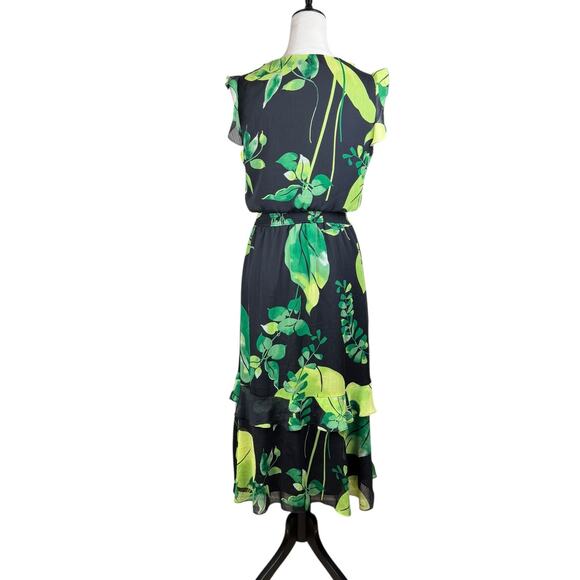 White House Black Market Green Tropical Leaf Print Black Chiffon Ruffle Dress - Picture 3 of 10